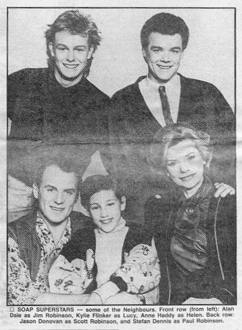 SOAP SUPERSTARS - some of the Neighbours. Front row (from left): Alan Dale as Jim Robinson, Kylie Flinker as Lucy, Anne Haddy as Helen. Back row: Jason Donovan as Scott Robinson, and Stefan Dennis as Paul Robinson.